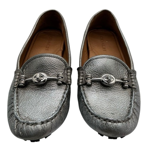 COACH Arlene Silver Leather Turnlock Driving Loafers Flats Women's Size 8.5 - Picture 1 of 8